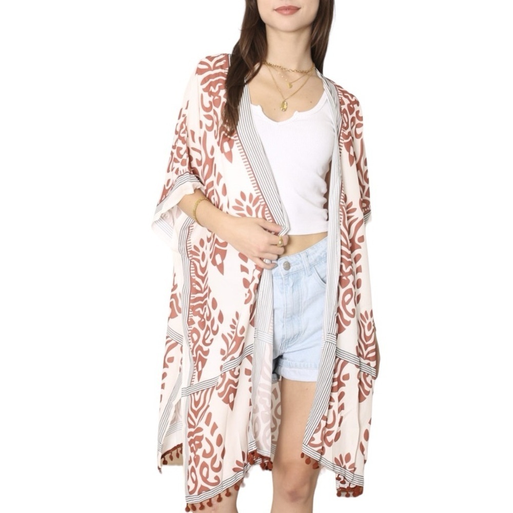 Cardigan Lightweight Floral Print Seaside Resort Short Sleeve Kimono Blouse OS‎